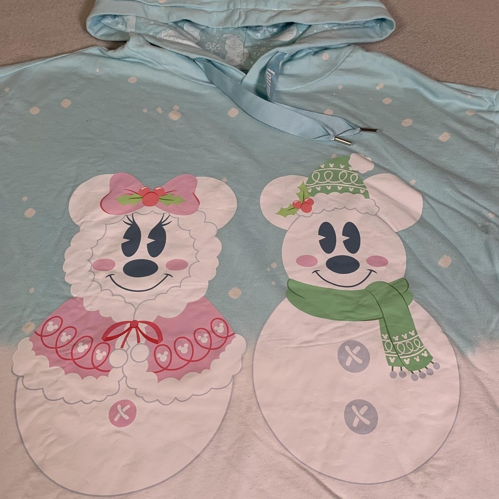 Loungefly Hoodie Womens 2X Blue Mickey Minnie Daisy Donald Snowman Holiday NEW - Picture 2 of 16